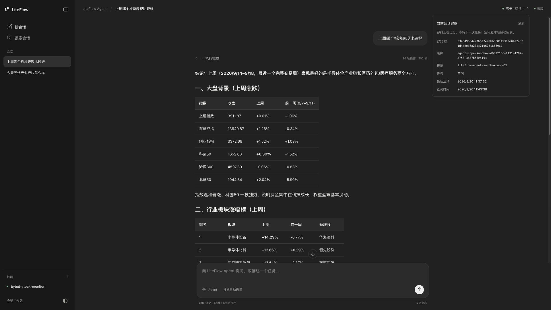 LiteFlow Agent MySQL 容器示例:板块表现问答与容器状态弹窗